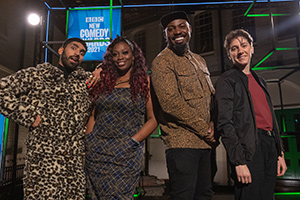 BBC New Comedy Awards. Image shows from L to R: Mawaan Rizwan, Sikisa, Darren Harriott, Sarah Keyworth. Copyright: Phil McIntyre Entertainment