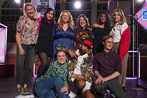 BBC New Comedy Awards. Image shows from L to R: Eva Bindeman, Molly McGuinness, Amy Gledhill, Josh Jones, Rosie Jones, Mawaan Rizwan, Seeta Wrightson, Harry Wright, Izzy Askwith. Copyright: Phil McIntyre Entertainment