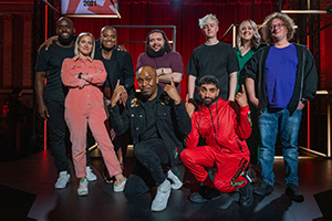 BBC New Comedy Awards. Image shows from L to R: Michael Akadiri, Lily Phillips, Thanyia Moore, Dane Baptiste, Raj Poojara, Daniel Fox, Mawaan Rizwan, Helen Bauer, James Ellis. Copyright: Phil McIntyre Entertainment