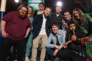 BBC New Comedy Awards. Image shows from L to R: Eddy MacKenzie, Jessie Nixon, Henry Whaley, Stephen Buchanan, Larry Dean, Liam Farrelly, Sergi Polo, Mawaan Rizwan, Fern Brady. Copyright: Phil McIntyre Entertainment