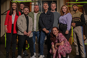 BBC New Comedy Awards. Image shows from L to R: Diona Doherty, Roger O'Sullivan, William Thompson, Micky Bartlett, Shane Todd, Vittorio Angelone, Catherine Bohart, Kathryn Higgins, Mawaan Rizwan. Copyright: Phil McIntyre Entertainment