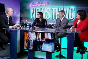 Sam Delaney's News Thing. Image shows from L to R: Sam Delaney, Maddy Anholt, David Mills, Evelyn Mok