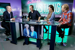 Sam Delaney's News Thing. Image shows from L to R: Sam Delaney, John Hastings, Felicity Ward, Bobby Mair