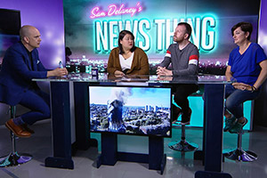 Sam Delaney's News Thing. Image shows from L to R: Sam Delaney, Evelyn Mok, Michael Legge, Zoe Lyons