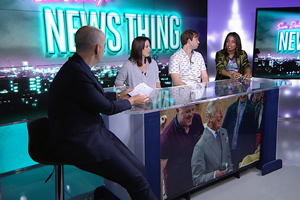 Sam Delaney's News Thing. Image shows from L to R: Sam Delaney, Danielle Ward, Naz Osmanoglu, London Hughes