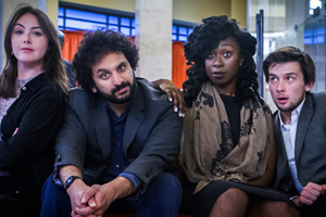 Newsjack. Image shows from L to R: Emma Sidi, Nish Kumar, Vivienne Acheampong, Kieran Hodgson. Copyright: BBC