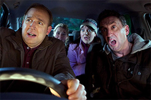 Not Going Out. Image shows left to right: Tim (Tim Vine), Lucy (Sally Bretton), Daisy (Katy Wix), Lee (Lee Mack)