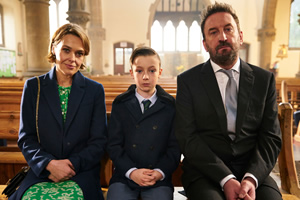 Not Going Out. Image shows from L to R: Lucy (Sally Bretton), Charlie (Finley Southby), Lee (Lee Mack)