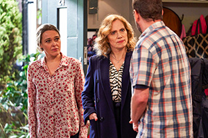 Not Going Out. Image shows from L to R: Lucy (Sally Bretton), Anna (Abigail Cruttenden), Lee (Lee Mack)