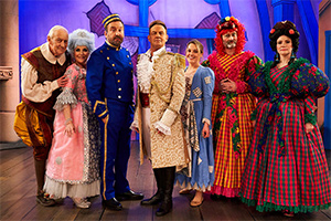 Not Going Out. Image shows from L to R: Geoffrey (Geoffrey Whitehead), Wendy (Deborah Grant), Lee (Lee Mack), Prince Charming (Jason Donovan), Lucy (Sally Bretton), Toby (Hugh Dennis), Anna (Abigail Cruttenden)