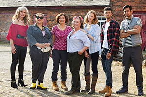 The Other One. Image shows from L to R: Marilyn (Siobhan Finneran), Cat (Lauren Socha), Tess (Rebecca Front), Dawn (Caroline Quentin), Cathy (Ellie White), Callum (Christopher Jeffers), Marcus (Amit Shah)