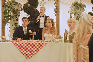 Out Of Her Mind. Image shows from L to R: Stefan (Tom Stuart), Sara (Sara Pascoe), Lucy (Fiona Button), Carol (Juliet Stevenson)