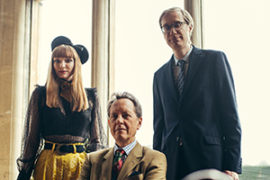 The Outlaws. Image shows from L to R: Gabby (Eleanor Tomlinson), The Earl (Richard E. Grant), Greg (Stephen Merchant)