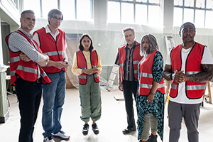 The Outlaws. Image shows from L to R: John (Darren Boyd), Greg (Stephen Merchant), Rani Rekowski (Rhianne Barreto), Frank (Christopher Walken), Myrna (Clare Perkins), Christian (Gamba Cole)