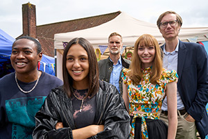 The Outlaws. Image shows from L to R: Christian (Gamba Cole), Rani Rekowski (Rhianne Barreto), John (Darren Boyd), Gabby (Eleanor Tomlinson), Greg (Stephen Merchant)