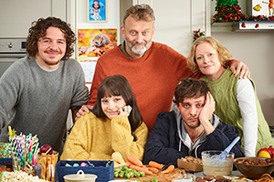 Outnumbered. Image shows left to right: Ben (Daniel Roche), Karen (Ramona Marquez), Pete (Hugh Dennis), Jake (Tyger Drew-Honey), Sue (Claire Skinner)