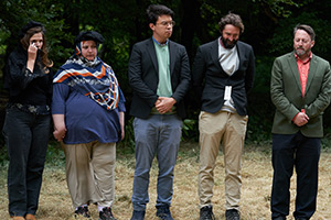 Outsiders. Image shows left to right: Jessica Hynes, Fatiha El-Ghorri, Phil Wang, Joe Wilkinson, David Mitchell