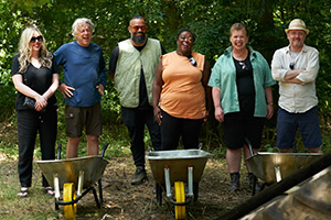 Outsiders. Image shows left to right: Roisin Conaty, Alan Davies, Guz Khan, Judi Love, Laura Smyth, Chris McCausland