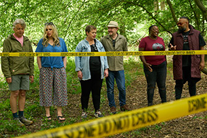 Outsiders. Image shows left to right: Alan Davies, Roisin Conaty, Laura Smyth, Chris McCausland, Judi Love, Guz Khan