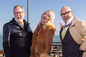 Painting Birds With Jim And Nancy Moir. Image shows left to right: Vic Reeves, Nancy Sorrell, Harry Hill