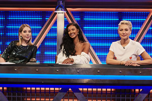 Pants On Fire. Image shows from L to R: Katherine Ryan, Maya Jama, Emma Willis. Copyright: Fulwell 73 Productions