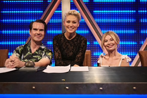 Pants On Fire. Image shows from L to R: Jimmy Carr, Emma Willis, Georgia Toffolo. Copyright: Fulwell 73 Productions