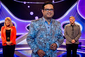 Paul Sinha's TV Showdown. Image shows from L to R: Fay Ripley, Paul Sinha, Rob Beckett