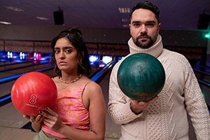 Peacock. Image shows from L to R: Georgia (Mandeep Dhillon), Andy Peacock (Allan Mustafa)