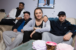 People Just Do Nothing. Image shows from L to R: Decoy (Daniel Sylvester Woolford), Beats (Hugo Chegwin), Michelle (Lily Brazier), Grindah (Allan Mustafa). Copyright: Roughcut Television