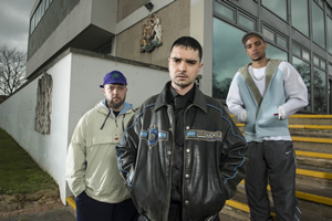 People Just Do Nothing. Image shows from L to R: Beats (Hugo Chegwin), Grindah (Allan Mustafa), Decoy (Daniel Sylvester Woolford). Copyright: Roughcut Television