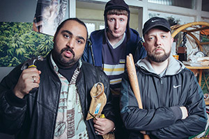 People Just Do Nothing. Image shows from L to R: Chabuddy G (Asim Chaudhry), Steves (Steve Stamp), Beats (Hugo Chegwin). Copyright: Roughcut Television