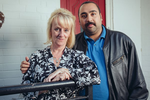 People Just Do Nothing. Image shows from L to R: Carol (Victoria Alcock), Chabuddy G (Asim Chaudhry). Copyright: Roughcut Television