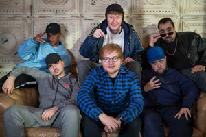 People Just Do Nothing. Image shows from L to R: Decoy (Daniel Sylvester Woolford), Grindah (Allan Mustafa), Ed Sheeran, Steves (Steve Stamp), Beats (Hugo Chegwin), Chabuddy G (Asim Chaudhry). Copyright: Roughcut Television