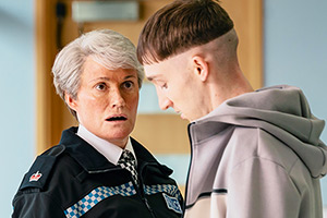 Piglets. Image shows left to right: Superintendent Julie Spry (Sarah Parish), Paul (Jamie Bisping)