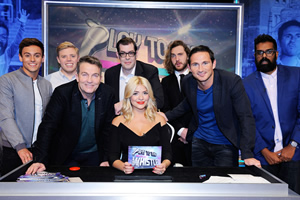 Play To The Whistle. Image shows from L to R: Tom Daley, Rob Beckett, Bradley Walsh, Richard Osman, Holly Willoughby, Seann Walsh, Frank Lampard, Romesh Ranganathan. Copyright: Hungry Bear Media