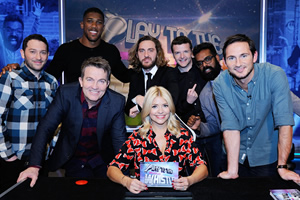 Play To The Whistle. Image shows from L to R: Jon Richardson, Anthony Joshua, Bradley Walsh, Seann Walsh, Holly Willoughby, Kevin Bridges, Romesh Ranganathan, Frank Lampard. Copyright: Hungry Bear Media