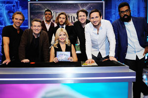 Play To The Whistle. Image shows from L to R: Jack P. Shepherd, Bradley Walsh, Chris Kamara, Holly Willoughby, Seann Walsh, Jonathan Ross, Frank Lampard, Romesh Ranganathan. Copyright: Hungry Bear Media