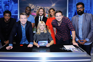 Play To The Whistle. Image shows from L to R: Wilfried Zaha, Bradley Walsh, Funmbi Omotayo, Seann Walsh, Holly Willoughby, Rochelle Humes, Frank Lampard, Romesh Ranganathan. Copyright: Hungry Bear Media