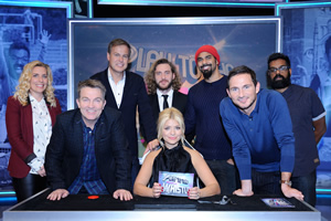 Play To The Whistle. Image shows from L to R: Sara Pascoe, Bradley Walsh, Peter Jones, Seann Walsh, Holly Willoughby, David Haye, Frank Lampard, Romesh Ranganathan