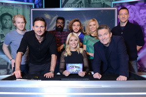 Play To The Whistle. Image shows from L to R: Jonnie Peacock, John Terry, Romesh Ranganathan, Holly Willoughby, Seann Walsh, Rachel Riley, Bradley Walsh. Copyright: Hungry Bear Media