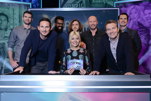 Play To The Whistle. Image shows from L to R: James Anderson, Frank Lampard, Romesh Ranganathan, Holly Willoughby, Seann Walsh, Alan Shearer, Bradley Walsh, Jimmy Carr. Copyright: Hungry Bear Media