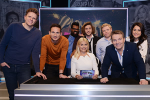 Play To The Whistle. Image shows from L to R: Jake Humphrey, Frank Lampard, Romesh Ranganathan, Holly Willoughby, Seann Walsh, Rob Beckett, Bradley Walsh, Sam Quek. Copyright: Hungry Bear Media