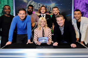 Play To The Whistle. Image shows from L to R: Ore Oduba, Frank Lampard, Romesh Ranganathan, Holly Willoughby, Seann Walsh, Kevin Bridges, Bradley Walsh, Ashley Cole. Copyright: Hungry Bear Media