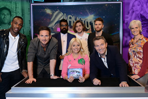 Play To The Whistle. Image shows from L to R: Michail Antonio, Frank Lampard, Romesh Ranganathan, Holly Willoughby, Seann Walsh, Bradley Walsh, Joel Dommett, Judy Murray. Copyright: Hungry Bear Media