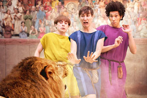 Plebs. Image shows from L to R: Grumio (Ryan Sampson), Marcus (Tom Rosenthal), Stylax (Joel Fry). Copyright: RISE Films