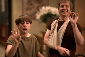 Plebs. Image shows from L to R: Grumio (Ryan Sampson), Terrence (Matthew Cottle). Copyright: RISE Films