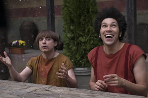 Plebs. Image shows from L to R: Grumio (Ryan Sampson), Stylax (Joel Fry)