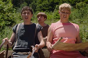 Plebs. Image shows from L to R: Marcus (Tom Rosenthal), Grumio (Ryan Sampson), Jason (Jon Pointing). Copyright: RISE Films