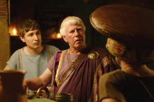 Plebs. Image shows from L to R: Marcus (Tom Rosenthal), Severus (Phil Davis). Copyright: RISE Films