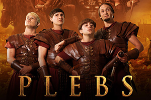 Plebs. Image shows left to right: Jason (Jon Pointing), Marcus (Tom Rosenthal), Grumio (Ryan Sampson), Aurelius (Tom Basden). Credit: RISE Films